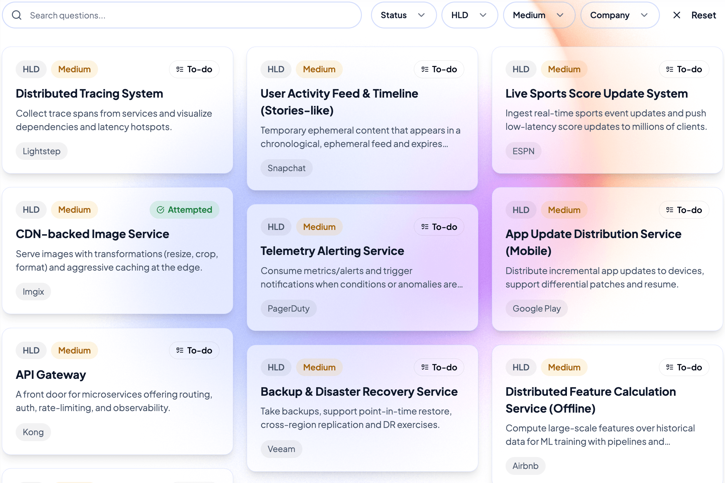 A grid view of various system design problem cards.